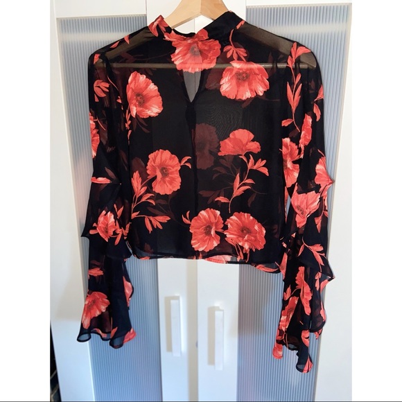 Sheer Black Top with Red Flowers - Picture 3 of 5